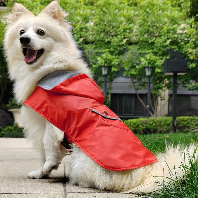 Small Dog Raincoat Dogs Rain Jacket Reflective Poncho Rainwear Waterproof Pet Clothes Warm Lined Pocket Hooded Leash Hole Adjustable for Puppy,Red,S,Back Length 8.3 Inch