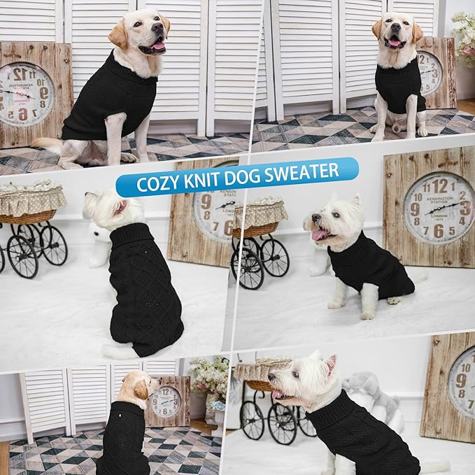 Mihachi Turtleneck Dog Sweater - Winter Coat Apparel Classic Cable Knit Clothes with Leash Hole for Cold Weather, Ideal Gift for Pet in New Year Black Large