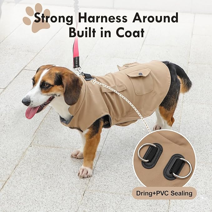 Workwear Style Dog Coats with Harness Built in for Small Dogs Windproof Warm Puppy Jacket with Storage Pockets for Cold Winter,LightBeige L