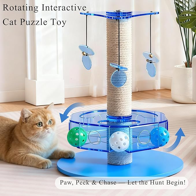 Modern 3-in-1 Interactive Cat Toy with Scratching Post, Rotating Cat Puzzle Toys for Indoor Cats with Colorful Jingle Balls, Spinning Teaser Disc with Dangling Toys, Acrylic, Blue