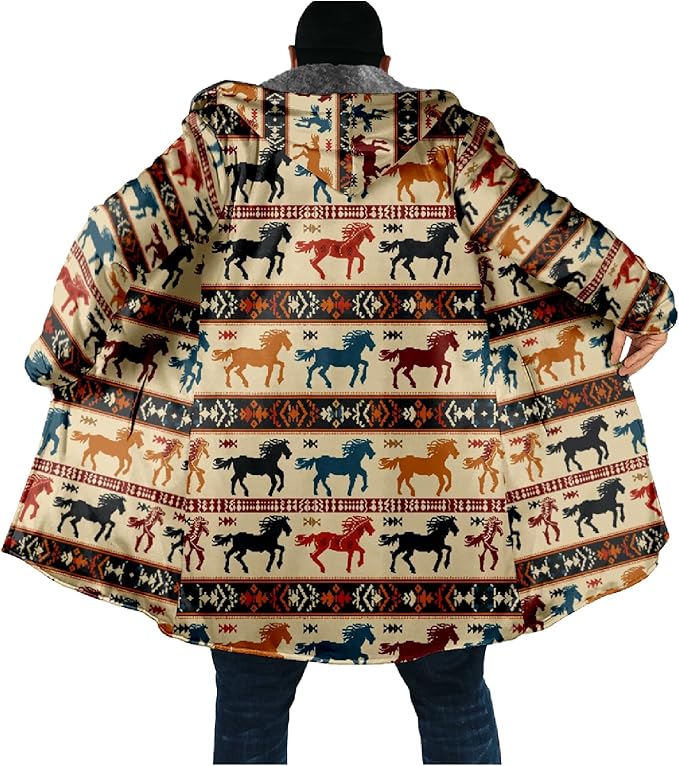 Mens Aztec Print Hoodie Heavyweight Cotton Fleece Jacket Zip Up Warm Long Sleeve Hooded Winter Midi Coat
