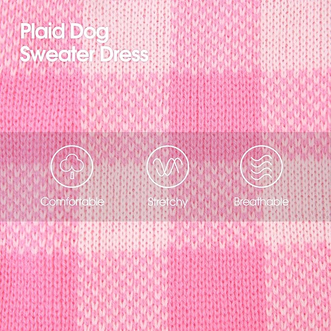 Dog Sweater Dress Plaid Knitwear for Small Medium Dogs Warm Puppy Pet Turtleneck Stretch Pullover Cute Fall Winter Vest Clothes with Leash Hole for Christmas (Pink, L)