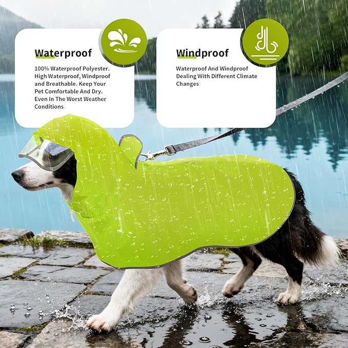Dog Raincoat, Waterproof Windproof Dog Rain Jacket with Hood, Rain Coat with Leash Hole, Adjustable Raincoat Poncho for Small Medium Large Dogs Outdoor (Neon Yellow, Small)