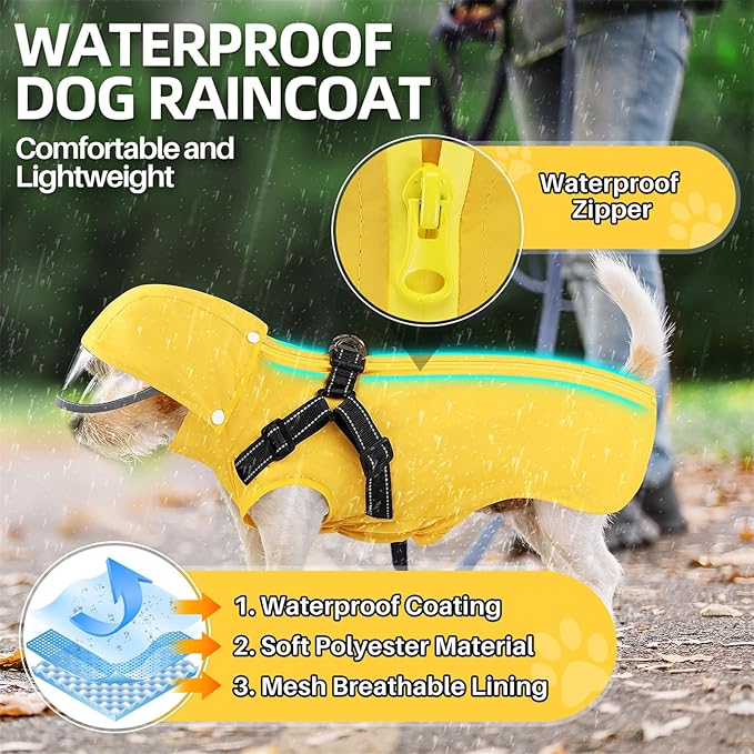 SlowTon Dog Raincoat Waterproof - Dog Rain Jacket with Harness and Hood Lightweight, Reflective Dogs Rain Coat for Large Medium Small Dogs Girl Boy Puppy Poncho Pet Clothes (Yellow, XL)