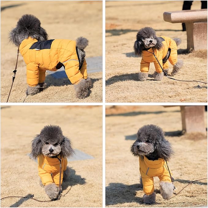 Lovelonglong Dog Coat Dog Warm Jacket, 4 Legs Covered Waterproof Windproof Reflective Warm Dog Vest, Zippered Adjustable Outdoor Dog Snow Jacket for Small Medium Large Dogs Yellow XL