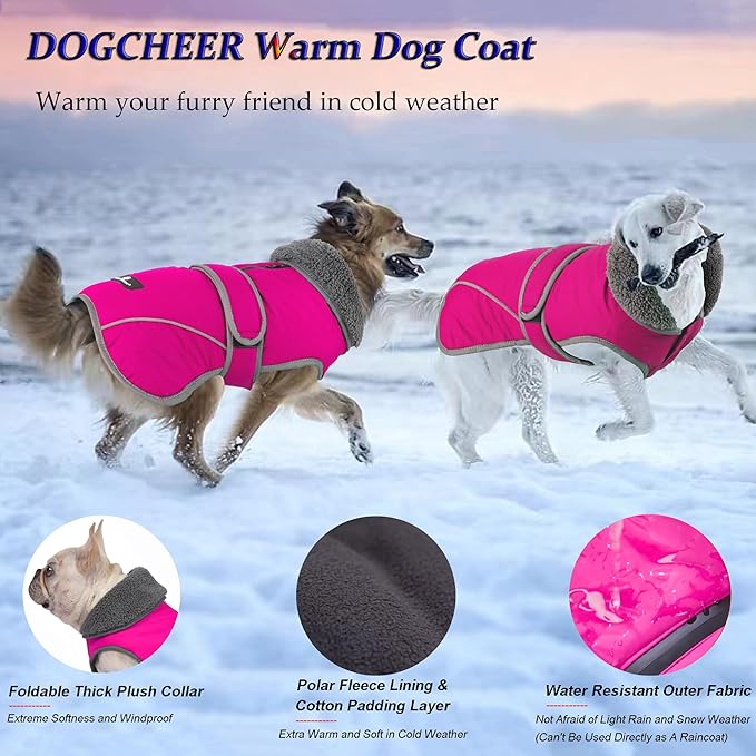 Dogcheer Dog Coat, Waterproof Dog Jacket Reflective Pet Winter Coat with Adjustable Hook & Loop, Christmas Puppy Fleece Jacket Warm Turtleneck Snowsuit for Small Medium Large Dogs - Pink, L