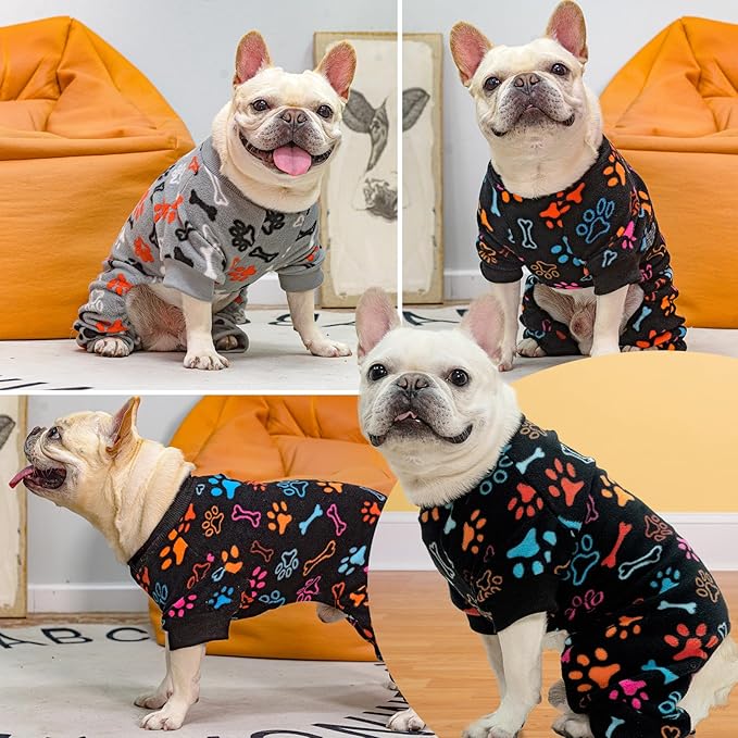 SCENEREAL Fleece Dog Pajamas for Small Medium Large Dogs, Warm Soft Puppy Jumpsuit, Adorable Bones Paw Print Pet Sweaters Clothes, Doggy Pjs Cat Coat for Boy Girl