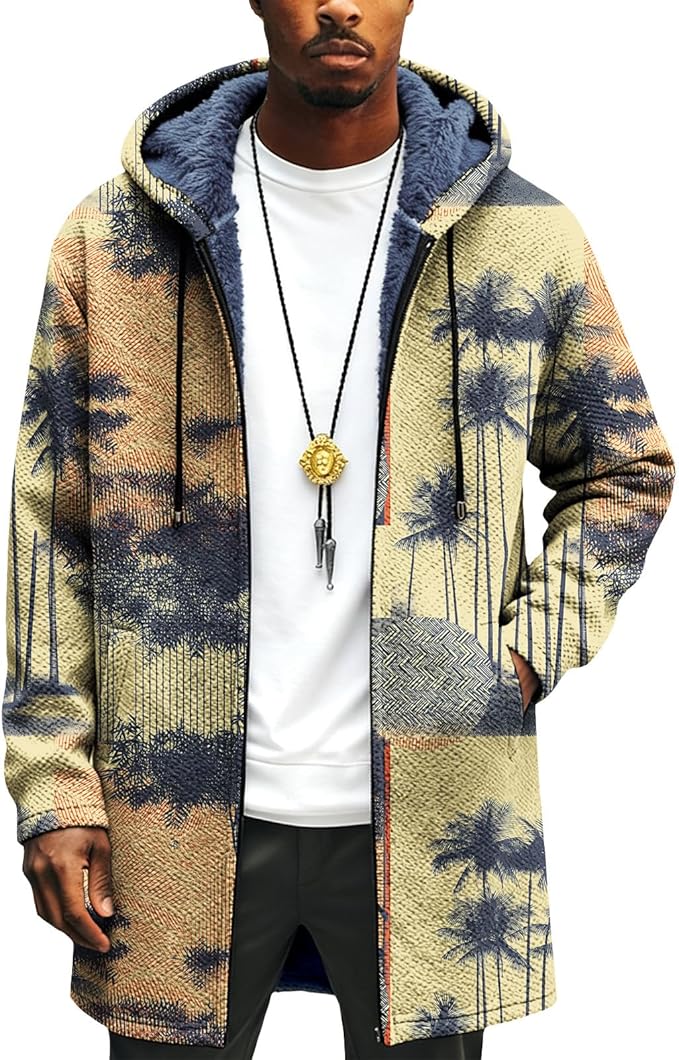 LIZALIG Long Hooded Cardigan Men Japanese Art Style Fashion Cool Graphic Coats Winter Warm Lined Fleece Jacket