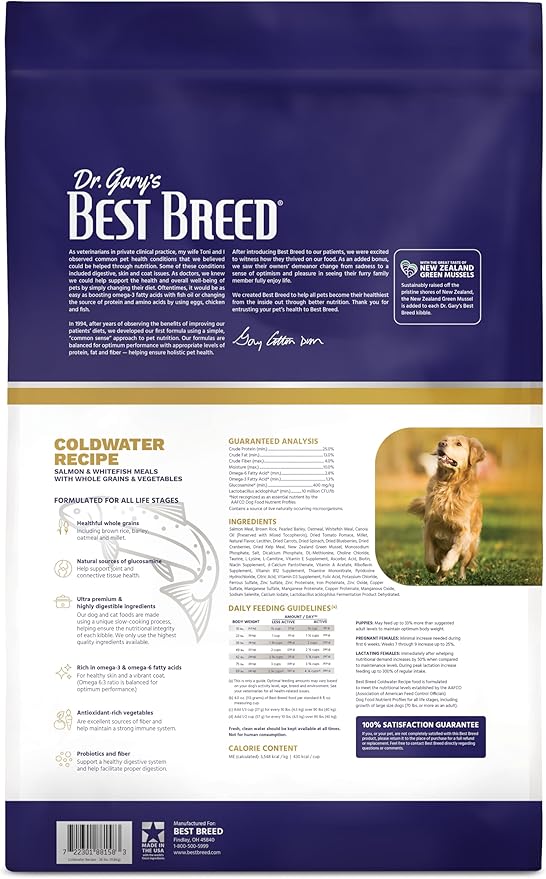 Best Breed Dr. Gary's Coldwater Recipe Slow-Cooked in USA, Natural Dry Dog Food for All Breeds and Sizes, 4lbs