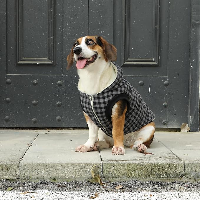 Fleece Lining Dog Hoodie for Large Dogs Extra Warm Plaid Sweater with Drawstring Hooded Coats in Winter Doggie Jacket,Black XXL