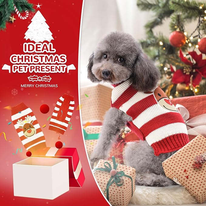 PETCARE Reindeer Christmas Dog Sweater Red Striped Cat Sweater Cartoon Elk Pet Vest Holiday Dog Clothes Puppy Sweaters for Small Medium Large Dogs Cats Fall Winter Outfits Xmas Dogs Costume,X-Small