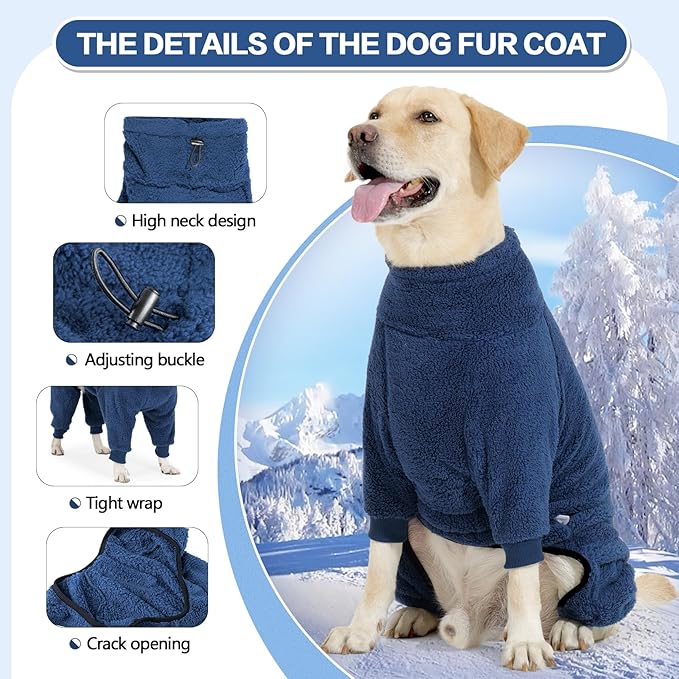 Dog Winter Coat, Warm Fleece Dog Jacket, Windproof Pullover Jumpsuit, Full Body Pajamas Onesie, Cold Weather Clothes for Medium Large Dog(2XL,NavyBlue)