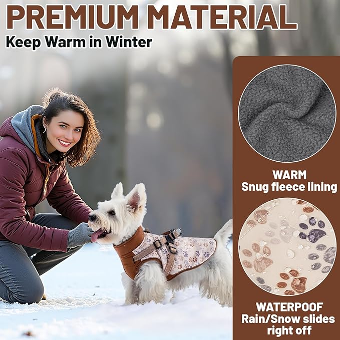 Dog Winter Coat for Small & Medium Dogs (Up to 32lb), Waterproof Dog Coat with Harness, Puppies Windproof Puppy Puffer Jacket, Snowsuit for Dachshund,Frenchie, Corgi (Paw Brown, Large)