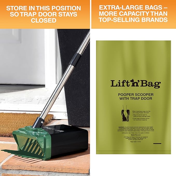 Neater Pet Brands Lift N’ Bag 2.0 Dog Pooper Scooper with Bag Attachment & 27" Pole for Small to Large Dogs, New & Improved Design, 60 Refill Bags, Heavy Duty Dog Poop Scooper for Yard, One-Hand Use