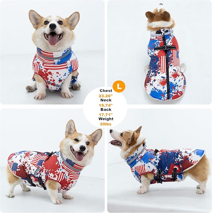 Large Dog Coat with Harness Built-in, Waterproof Reflective Fleece Lined - Warm Windproof Winter Jacket with Back Zipper, Cold Weather Snow Dog Coats - American Flag - XL