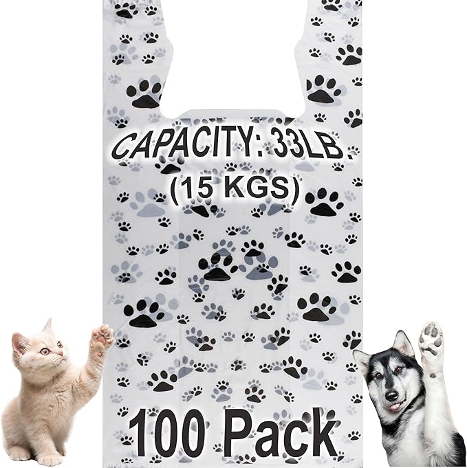 T Shirt Bags - Paw Print Bags - 100 Pack - Thank You Shopping Bag Cat or Dog Paw Print Design Plastic T-Shirt Bag 22" L x 12" W x 7"