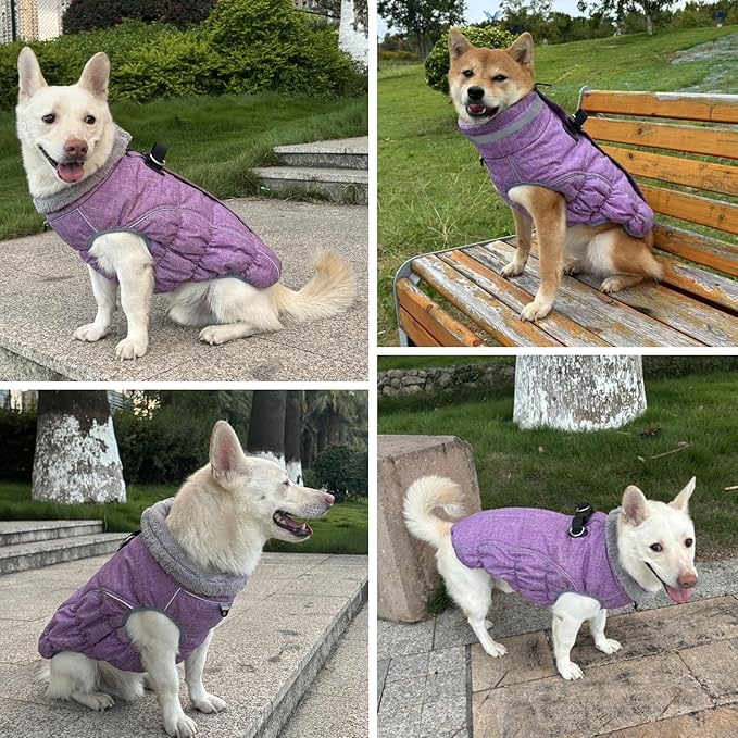 Malier Dog Coat, Reflective Dog Jacket Waterproof Windproof Puppy Cold Weather Coats with Harness Built in, Winter Extra Warm Pet Coat Fleece Vest for Small Large Pets and Puppy (Purple, XX-Large)