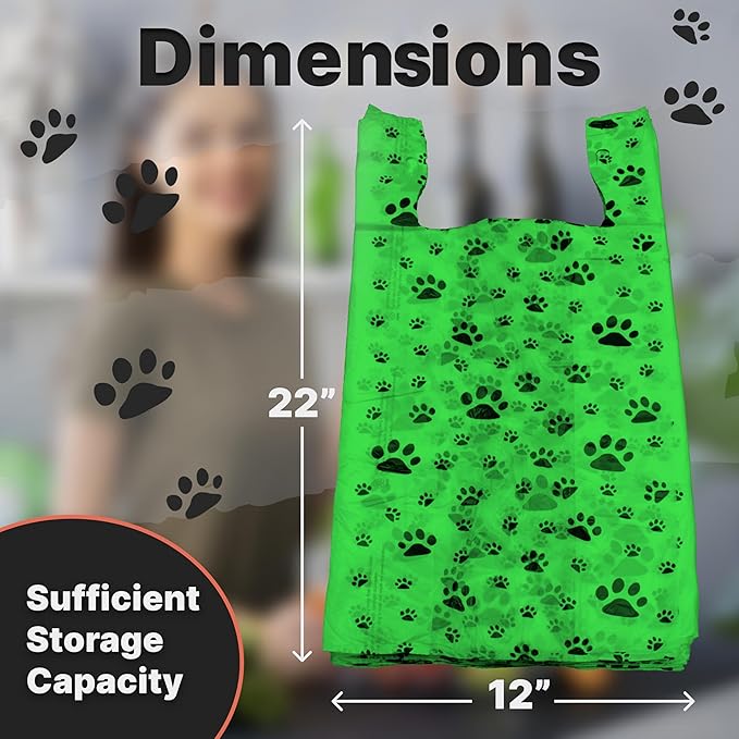 T-Shirt Bags – Paw Print Design Green Color - 100 Pack - Thank You & Shopping Bags - Cat or Dog - 22" L x 12" W x 7" Plastic
