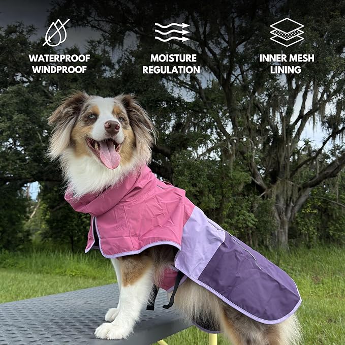 Spark Paws Dog Raincoat, Waterproof Windproof Rain Jacket, for Small Medium Large Extra Large Dogs, Reflective Breathable Full-Body Coverage Dry Suit - Pink Lilac Purple - 2XL