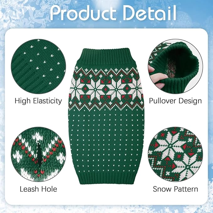 Kuoser Dog Sweater, Holiday Christmas Snowflake Pet Warm Knitwear Dog Sweaters Soft Puppy Clothing, Doggie Turtleneck Cold Weather Outfit Pullover for Small Medium Large Dogs Cats, Green XL