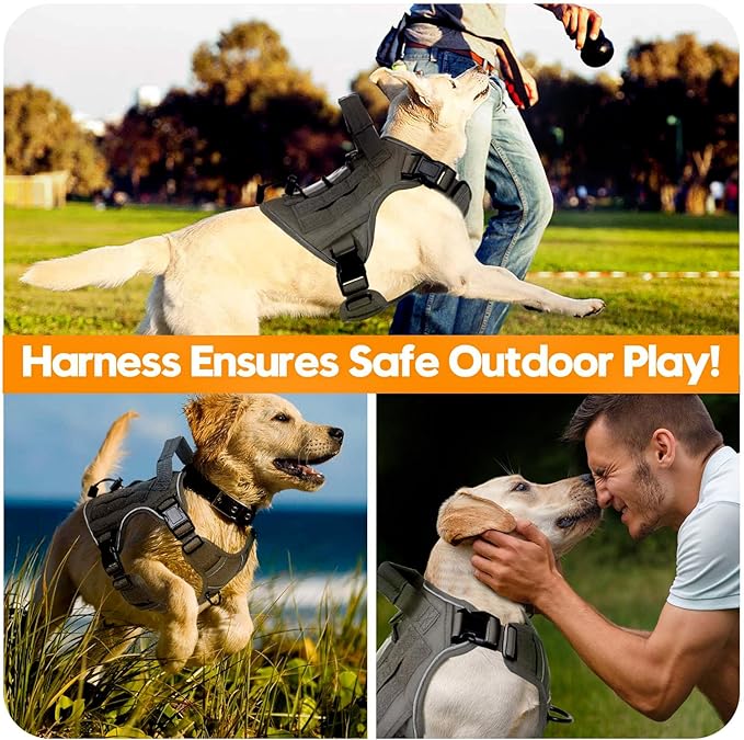 Heavy-Duty Tactical Dog Harness for Large Dogs, No Pull Adjustable Reflective Pet Vest with Molle System, K9 Military-Grade Control for Service Training, Outdoor & 10+ Breeds, Gray, Medium