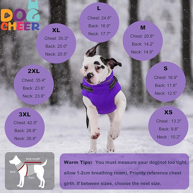 Dogcheer Dog Coat with Harness, Waterproof Warm Dog Winter Jacket with Pockets, Reflective Pet Fleece Jacket Turtleneck Snowsuit for Small Medium Large Dogs - Purple, XL