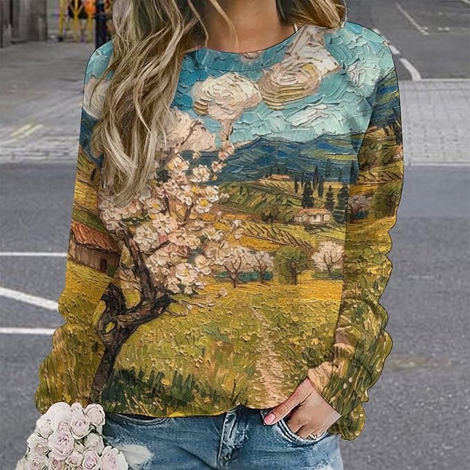 Long Sleeve Shirts for Women Cat Oil Painting Shirt 3D Graphic Sweatshirts Fall Pullover Crewneck Vintage Boho Tops