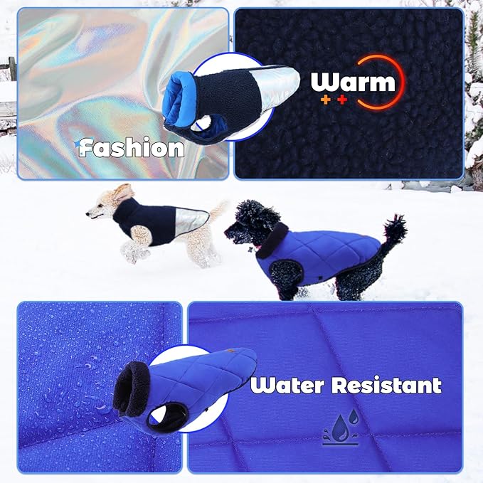 EMUST Warm Dog Jacket, Cozy Dog Fleece Coat with Leash Hole, Waterproof Reversible Winter Coats for Small Dogs, Royal Blue, XS