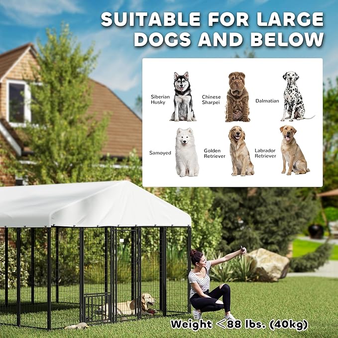 PawHut 10' x 10' x 6.8' Outdoor Dog Kennel, Welded Wire Dog Kennel Outside Run with 360° Rotating & 4 Level Adjustable Bowls, Waterproof & UV Resistant Cover, for S&M&L Breeds, Chickens, Ducks, Silver