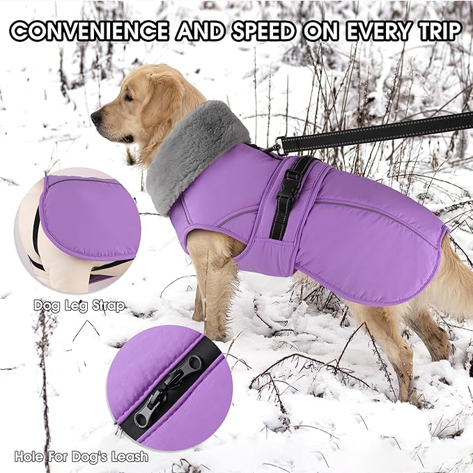 PETDSH Dog Coat Large, Windproof Dog Jacket with Warm Fleece Lining, Thickened Collar Dogs Winter Coat, Adjustable Reflective Pet Coats for Cold Weather (Purple, X-Large)