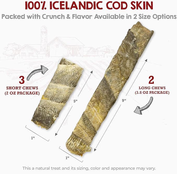 Riley's Cod Skins for Dogs - Air Dried Single Ingredient Dog Treats - Long, Hand Wrapped Cod Skin Dog Treats - Sustainably Caught in Iceland - 2 Pack 10 inch Chew Sticks