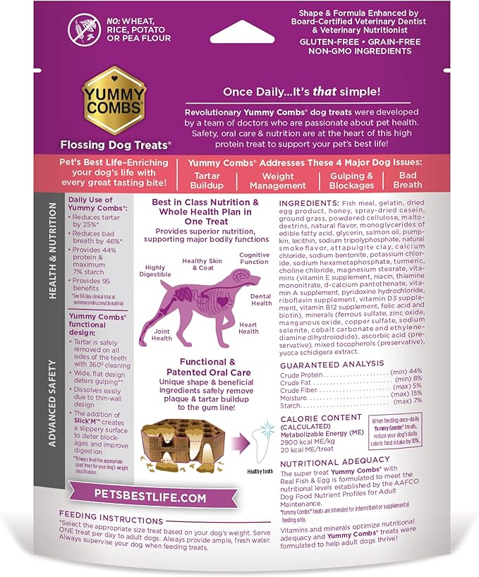 Yummy Combs Dog Dental Treats – Fish & Egg Protein – Vet VOHC Approved, Removes Tartar – A Daily Teeth Cleaning Treat for Medium Dogs (30 Count)