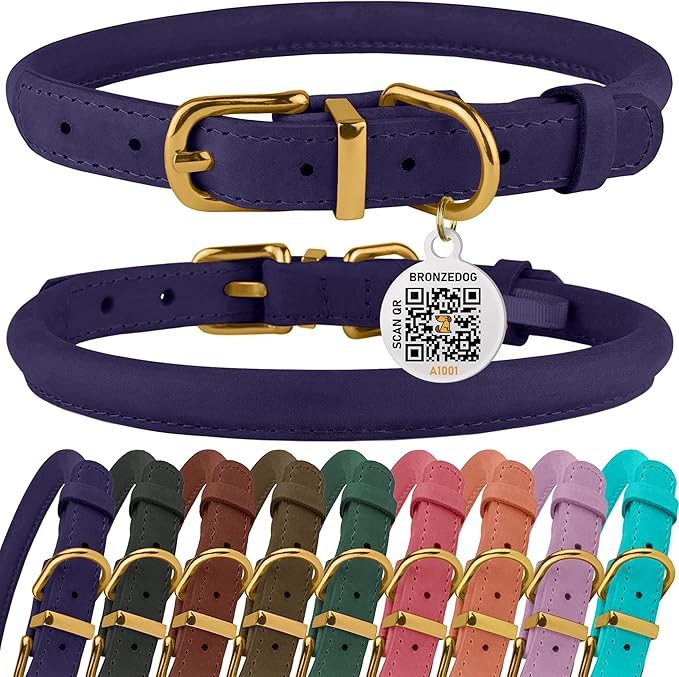 BronzeDog Rolled Leather Dog Collar with QR ID Tag, Adjustable Soft Round Collars for Small Medium Large Dogs Puppy (14" - 16" Neck Size, Violet)
