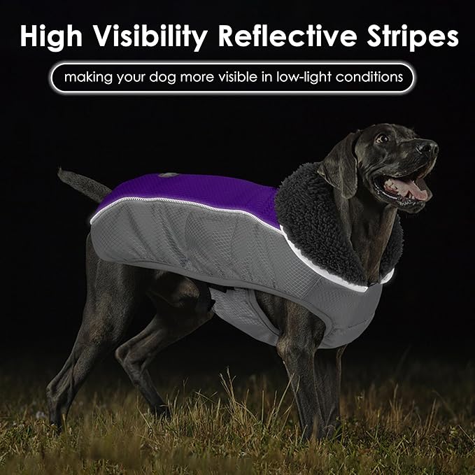 Dog Coat, Waterproof Ripstop Dog Winter Jacket with Leash Hole, Reflective Adjustable Warm Pet Fleece Snow Sweater for Small Medium Large Dogs - Purple, M