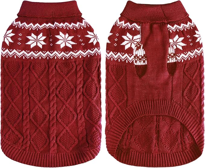 Warm Winter Pink Dog Sweater - Cold Weather Pet Clothes for Small Medium Large Dogs Indoor Outdoor, Soft Classic Knit Puppy Apparel Coat, Dark Red, SM