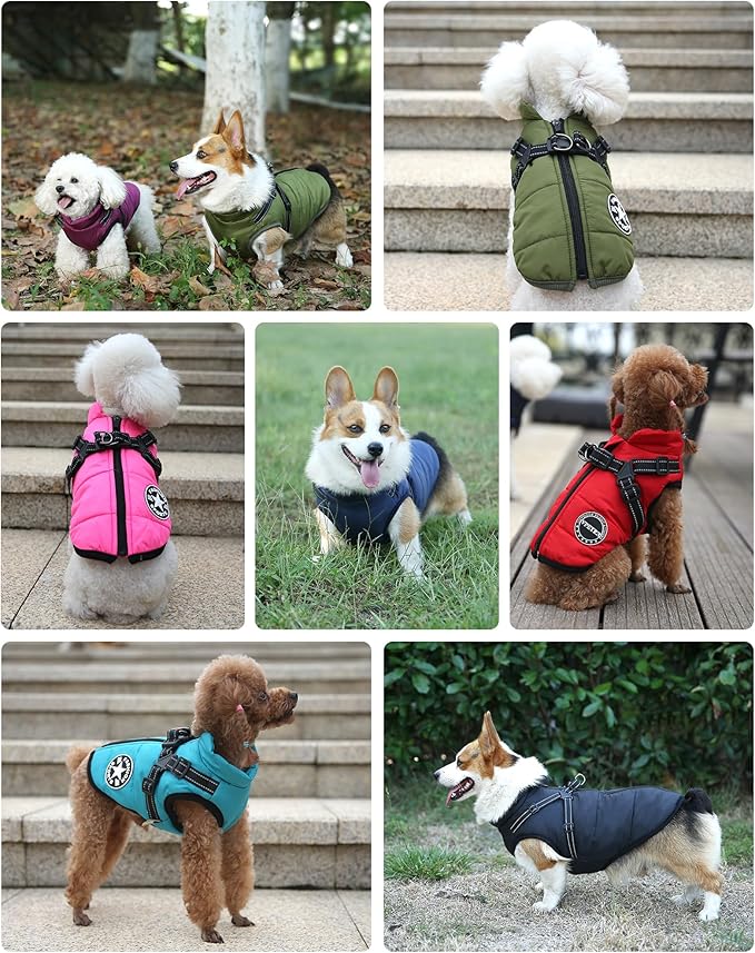 Dog Winter Coat,Warm Jacket Paded Fleece Pet Vest with Built in Harness, Windproof Reflective Cozy Adjustable Snow Pet Coat Clothes with Zipper for Small Medium Large Dogs