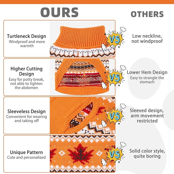 KOOLTAIL Cable Knit Dog Sweater Turtleneck, Cold Weather Pullover Classic Knitwear, Thick Warm Winter Pet Clothes, Fall Maple Leaves Thanksgiving Dog Sweater for Small Medium Large Dogs Cats,Orange XL