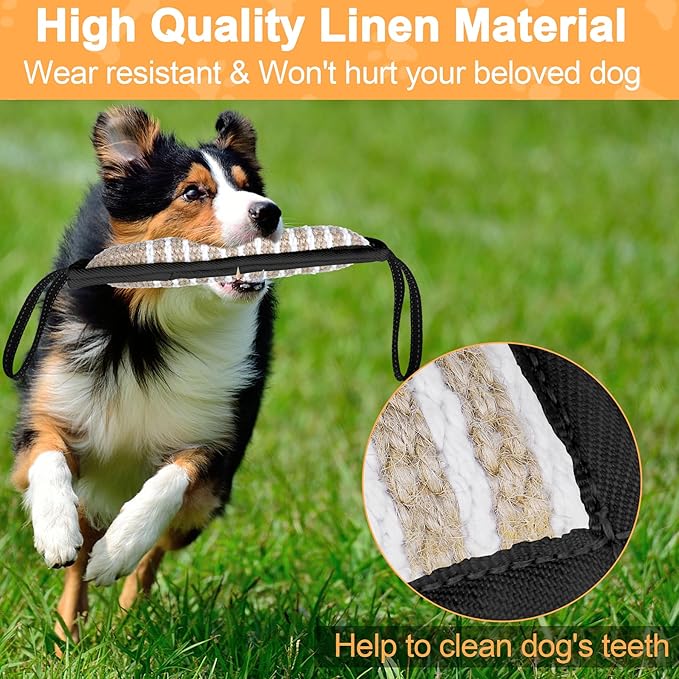 ToLanbbt Dog Tug Toy Bite Jute Pillow Pull Toy with 2 Strong Handles Perfect for Tug of War, Puppy Interactive Play, Tear Resistant Bite Training for Small Medium Large Dogs(Black-Line)