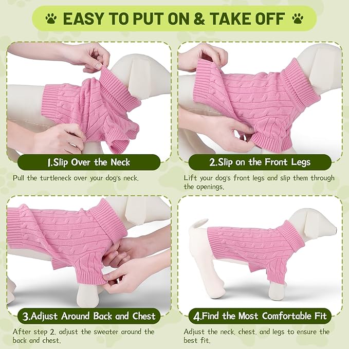 Small Dog Thermal Pullover Sweater, Classic Turtleneck Cable Knitwear Dog Clothes for Cold Weather Warm Pet Clothes for Chihuahua, Bulldog, Dachshund, Pug Pink Medium