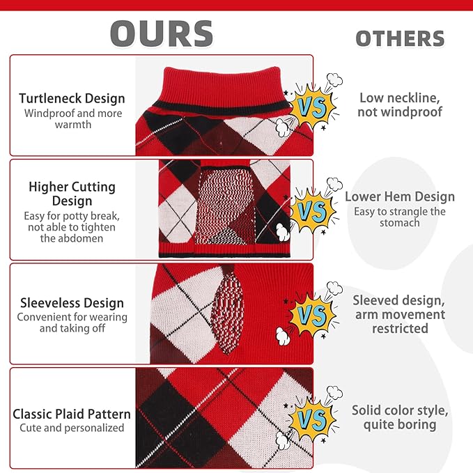 KOOLTAIL Dog Sweater Pet Knitted Clothes-Classic Plaid Pullover Turtleneck Red Fleece Dog Christmas Sweaters with Leash Hole, Thick Warm Dog Winter Clothes for Small Medium Large Dogs Cats Puppy, ML