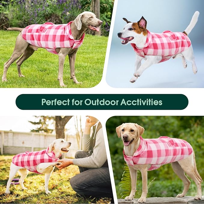 Kuoser Dog Winter Coat, Windproof Dog Fleece Jacket British Style Plaid Cold Weather Doggie Vest Coats, Reversible Cozy Warm Pet Clothes Apparel for Large Size Dogs XL