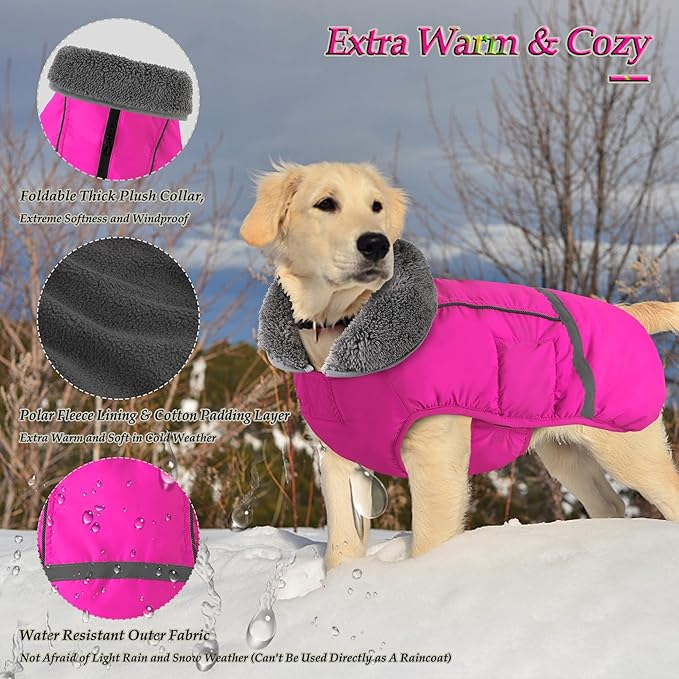 Dogcheer Warm Dog Coat, Christmas Dog Jacket Waterproof Puppy Winter Coat with Buckles, Reflective Adjustable Pet Snow Jacket Turtleneck Fleece Sweater for Small Medium Large Dogs - Pink, 3XL