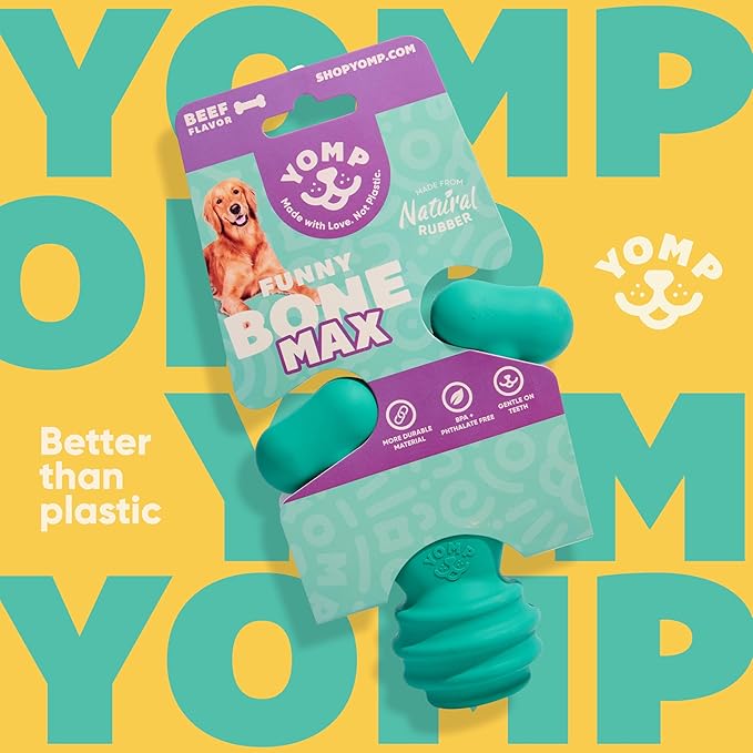 Yomp FunnyBone MAX: All-Natural Rubber Dog Toy, Nontoxic, Safe for Pet Play (Teal)