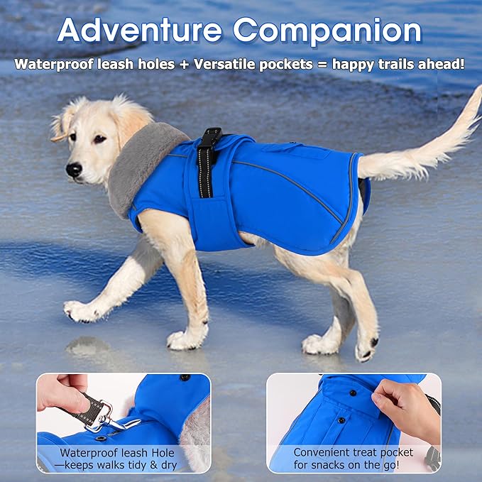 Dogcheer Dog Coat with Pocket, Waterproof Dog Jacket with Adjustable Buckle, Reflective Puppy Winter Coat Warm Turtleneck Fleece SnowJacket for Small Medium Large Dogs - Blue S