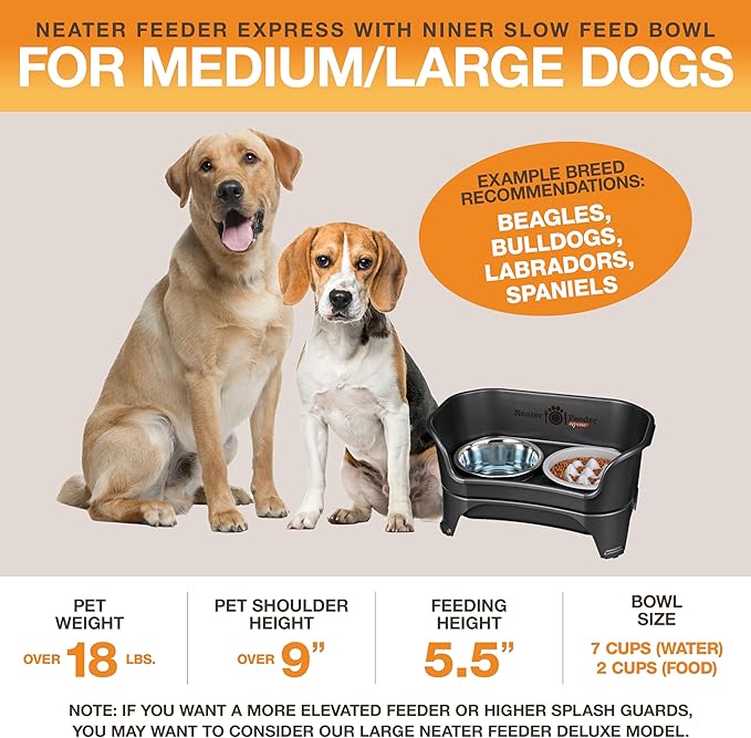 Neater Feeder Express Mess Proof Dog Bowls Elevated for Medium and Large Breed – Made in USA – No Spill Raised Slow Feeder Elevated Dog Bowl Stand, Slow Feed Food and Water Bowl Set, Black