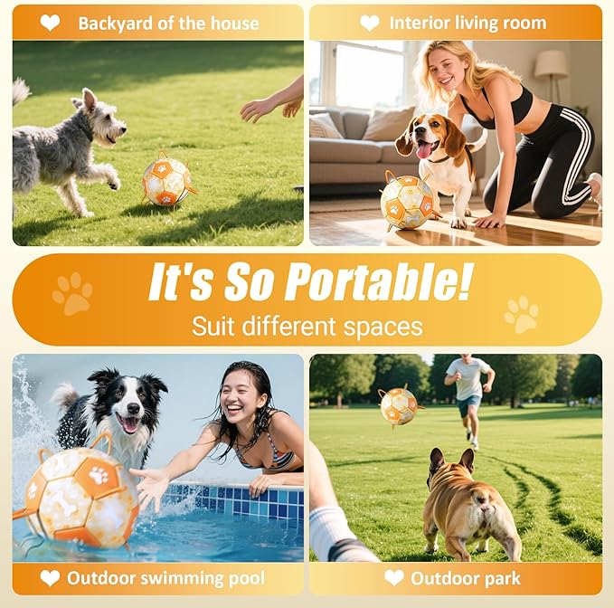 Size 2 Dog Soccer Ball with Straps Durable Training Ball for Pets Interactive Outdoor Dog Toy, Orange & Yellow, Eye-Catching Paw and Bones Design, for Small & Medium Puppie