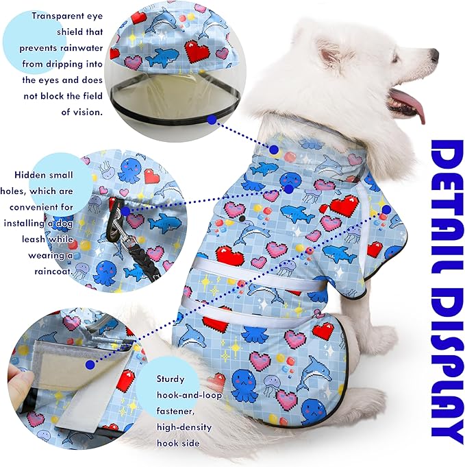 Dog Raincoat, Adjustable Rain Jacket with Hooded Double Layer for Large Medium Small Dogs Puppies, Lightweight Waterproof Rain Coat Poncho with Reflective Stripe Ocean Dolphin Blue,XXL
