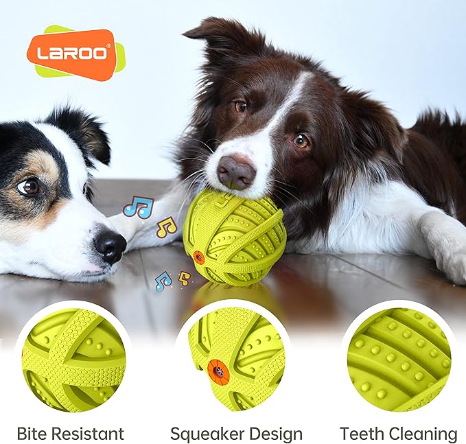 LaRoo Squeaky Dog Ball Toy,Durable Natural Rubber Squeaker Ball Throwing Training,Teeth Cleaning Chew Toy for Pet Medium and Large Dogs (3.5In Green)