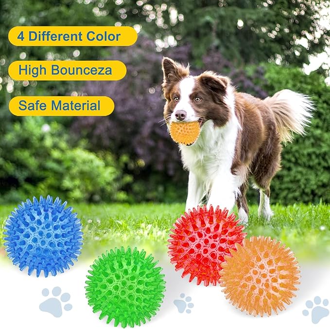 Beieverluck 12 Pack 3.5 Inch Squeaky Dog Toy Balls Spikey Dog Balls Large Dog Chew Toys for Medium Large and Small Dogs for Aggressive Chewers,4 Colors