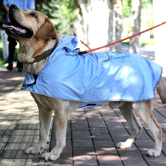 MAMORE Dog Raincoat Reversible,Waterproof Dog Rain Coat Hooded Slicker Poncho with Reflective Strip, Plaid Double Layer Rain Jacket for Small Medium Large Dogs (Light Blue, Small)
